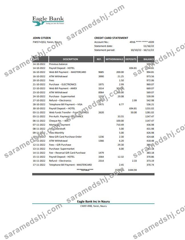 Nauru Eagle Bank statement